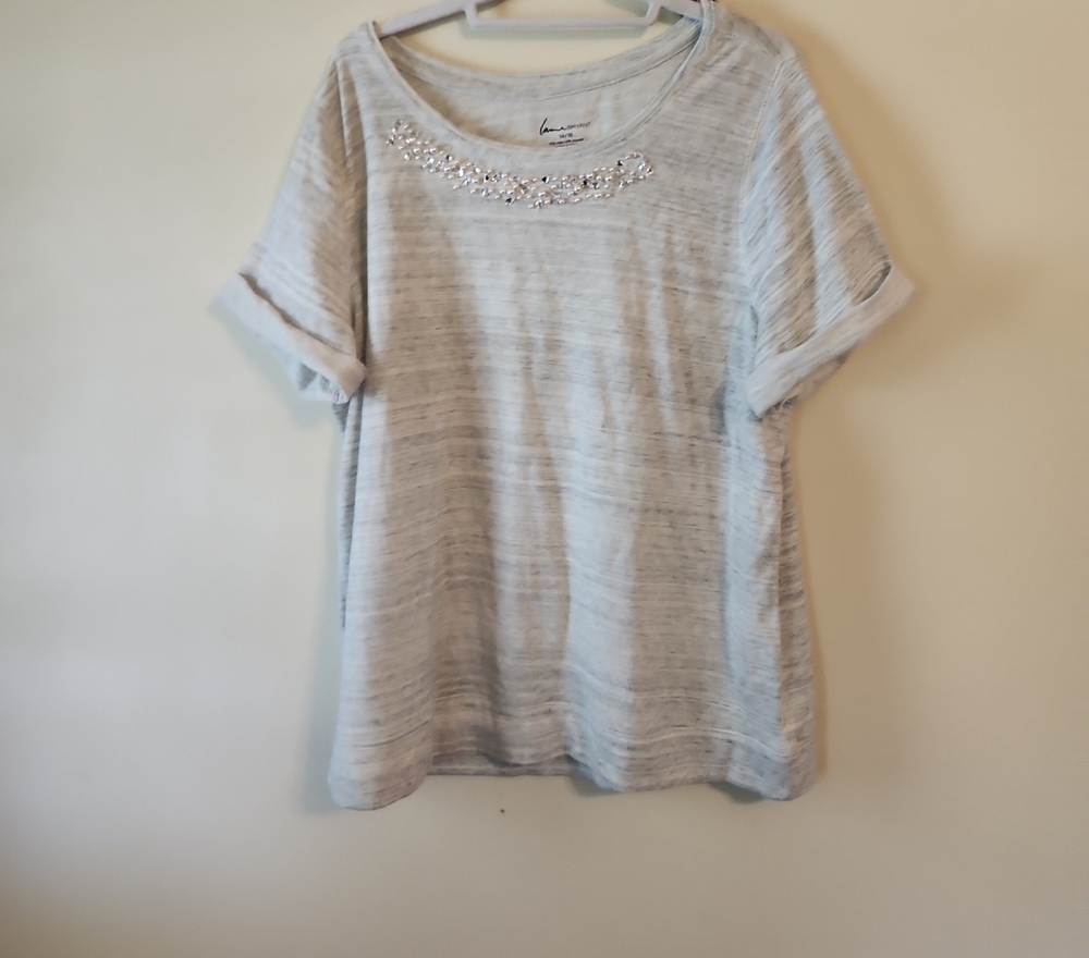 Lane Bryant Light Gray Short Sleeve Top with Beaded Detail